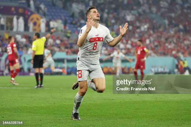 Remo Freuler of Switzerland celebrates after scoring the team’s third goal during the FIFA World Cup Qatar 2022 Group G match between Serbia and...