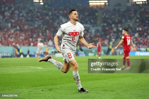 Remo Freuler of Switzerland celebrates after scoring the team’s third goal during the FIFA World Cup Qatar 2022 Group G match between Serbia and...