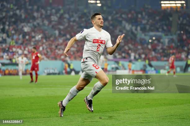 Remo Freuler of Switzerland celebrates after scoring the team’s third goal during the FIFA World Cup Qatar 2022 Group G match between Serbia and...