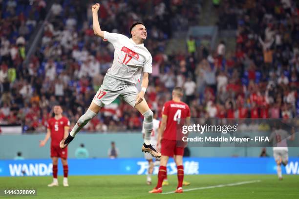 Ruben Vargas of Switzerland celebrates after assisting on the third goal by Remo Freuler during the FIFA World Cup Qatar 2022 Group G match between...