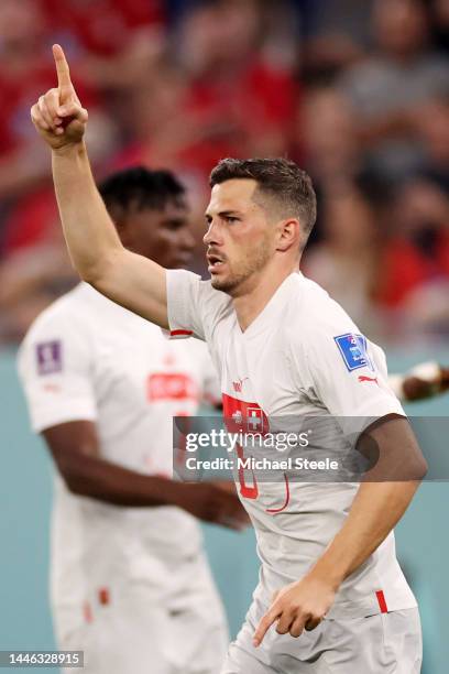 Remo Freuler of Switzerland celebrates after scoring the team’s third goal during the FIFA World Cup Qatar 2022 Group G match between Serbia and...
