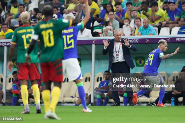 Tite, manager of the Brazil national football team, reacts during the FIFA World Cup Qatar 2022 Group G match between Cameroon and Brazil at Lusail...