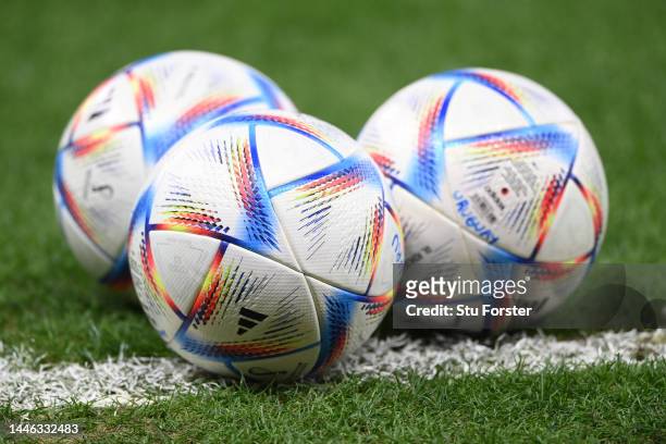 Three Adidas match balls pictured during the FIFA World Cup Qatar 2022 Group H match between Ghana and Uruguay at Al Janoub Stadium on December 02,...