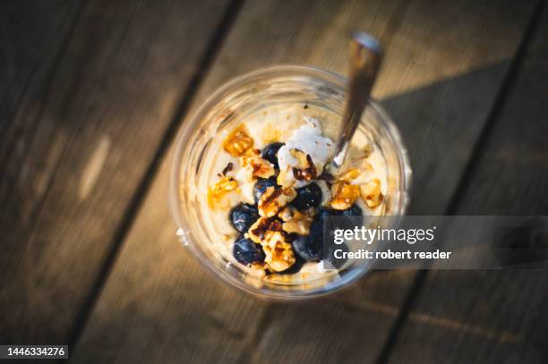 chia seed blueberries and granola walnut pudding - dessert stock pictures, royalty-free photos & images