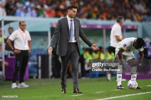 Diego Alonso, Head Coach of Uruguay, reacts on the sidelines during the FIFA World Cup Qatar 2022 Group H match between Ghana and Uruguay at Al...