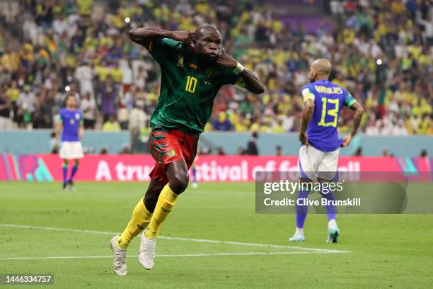 Vincent Aboubakar of Cameroon celebrates after scoring the team's first goal during the FIFA World Cup Qatar 2022 Group G match between Cameroon and...