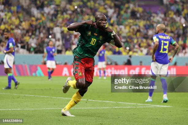 Vincent Aboubakar of Cameroon celebrates after scoring the team's first goal during the FIFA World Cup Qatar 2022 Group G match between Cameroon and...