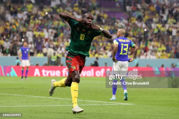 Vincent Aboubakar of Cameroon celebrates after scoring the team's first goal during the FIFA World Cup Qatar 2022 Group G match between Cameroon and...