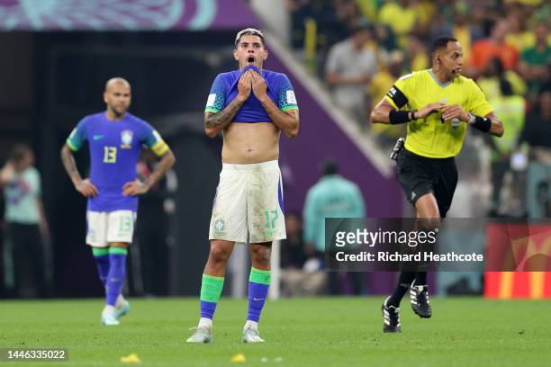 Bruno Guimaraes of Brazil reacts after Cameroon scored their sides first goal during the FIFA World Cup Qatar 2022 Group G match between Cameroon and...