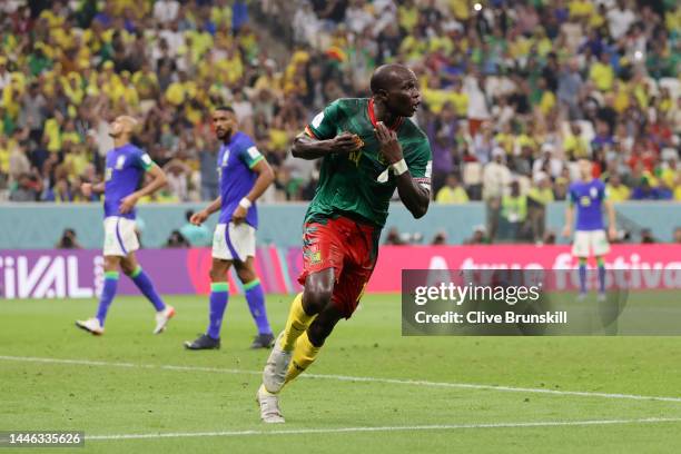 Vincent Aboubakar of Cameroon celebrates after scoring the team's first goal during the FIFA World Cup Qatar 2022 Group G match between Cameroon and...