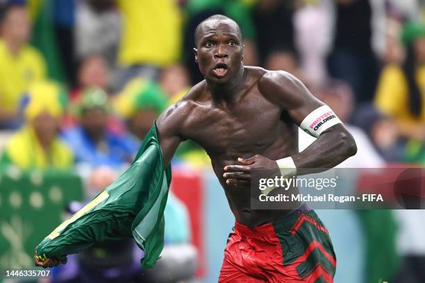 Vincent Aboubakar of Cameroon celebrates after scoring the team's first goal during the FIFA World Cup Qatar 2022 Group G match between Cameroon and...