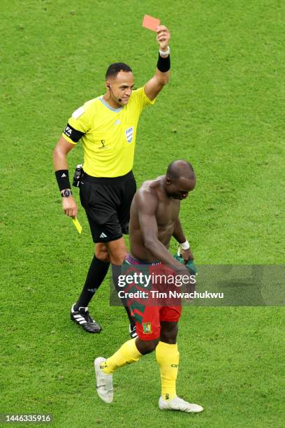 Referee Ismail Elfath shows a red card to Vincent Aboubakar of Cameroon after they scored their sides first goal during the FIFA World Cup Qatar 2022...