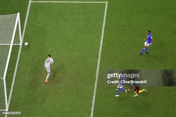 Vincent Aboubakar of Cameroon scores the team’s first goal past Ederson of Brazil during the FIFA World Cup Qatar 2022 Group G match between Cameroon...