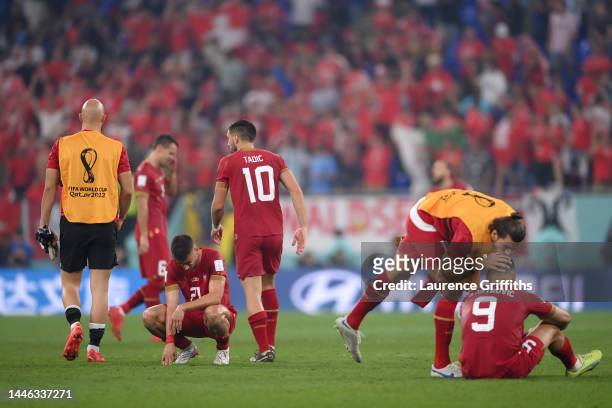 Serbia players show dejection after the 2-3 defeat in the FIFA World Cup Qatar 2022 Group G match between Serbia and Switzerland at Stadium 974 on...