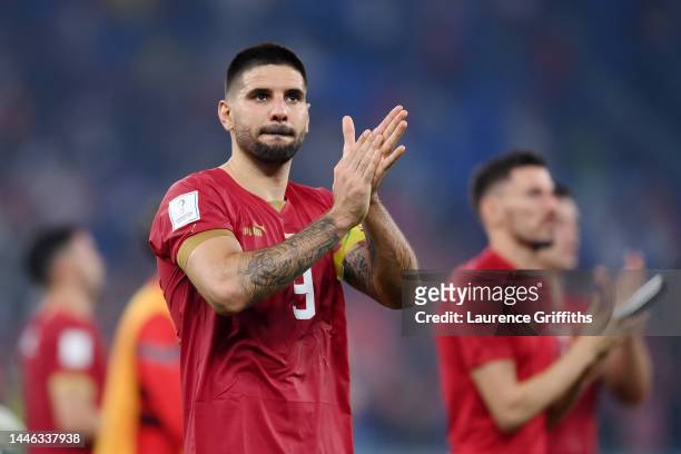 Aleksandar Mitrovic of Serbia applauds fans after the 2-3 loss during the FIFA World Cup Qatar 2022 Group G match between Serbia and Switzerland at...