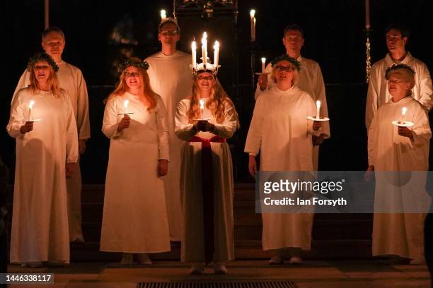 Clara Nordin originally from Gothenburg, plays the role of Lucia as she leads the London Nordic Choir as they perform during the Swedish Sankta Lucia...