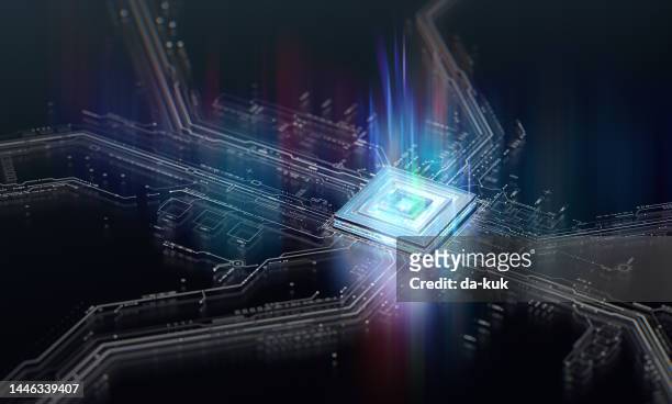 futuristic circuit board technology background with central computer processors cpu and gpu concept - ann stock pictures, royalty-free photos & images