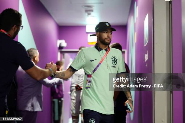 Neymar of Brazil walks into the locker room after the 0-1 loss during the FIFA World Cup Qatar 2022 Group G match between Cameroon and Brazil at...