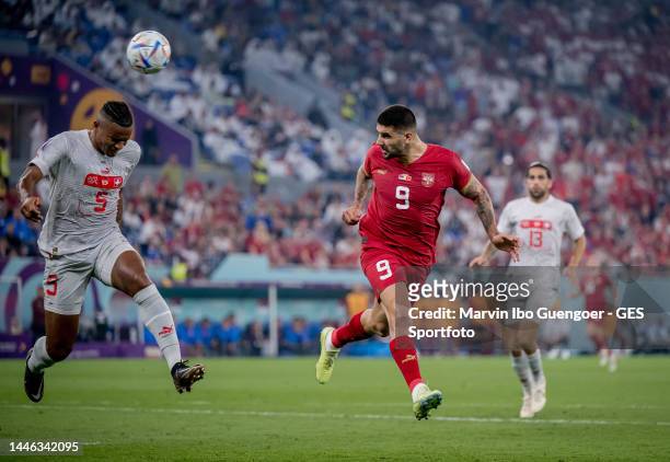 Aleksandar Mitrovic of Serbia scores his team's first goal during the FIFA World Cup Qatar 2022 Group G match between Serbia and Switzerland at...