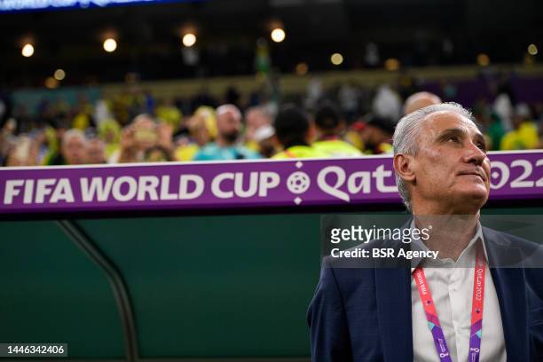 Coach Tite of Brazil looks on prior to the Group G - FIFA World Cup Qatar 2022 match between Cameroon and Brazil at the Lusail Stadium on December 2,...