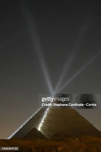 Night view of the Great Pyramid of Khufu on December 02, 2022 in Giza, Egypt.