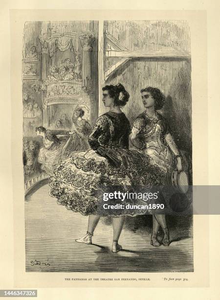 illustrations, cliparts, dessins animés et icônes de des danseurs espagnols attendent de monter sur scène pour exécuter la danse fandango, espagne 19ème siècle - danseuse espagnole