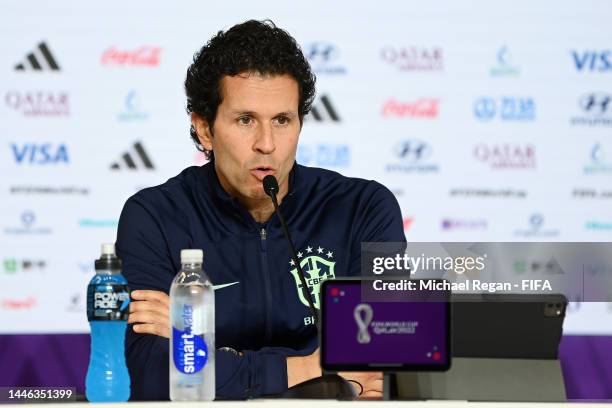 Rodrigo Lasmar, team doctor of Brazil, attends the post match press conference after the FIFA World Cup Qatar 2022 Group G match between Cameroon and...