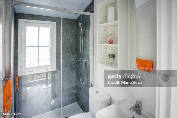 interior view of a small bathroom. - shower shelf stock pictures, royalty-free photos & images