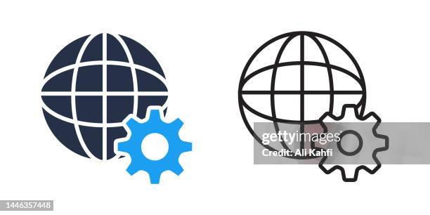 globe with gear icon - aircraft maintenance stock illustrations