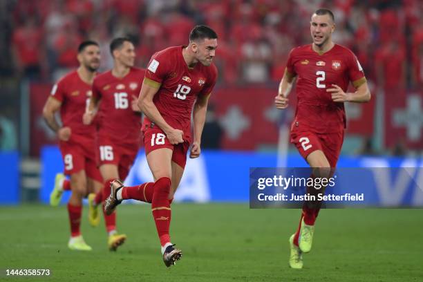 Dusan Vlahovic of Serbia celebrates with Strahinja Pavlovic after scoring the team's second goal during the FIFA World Cup Qatar 2022 Group G match...