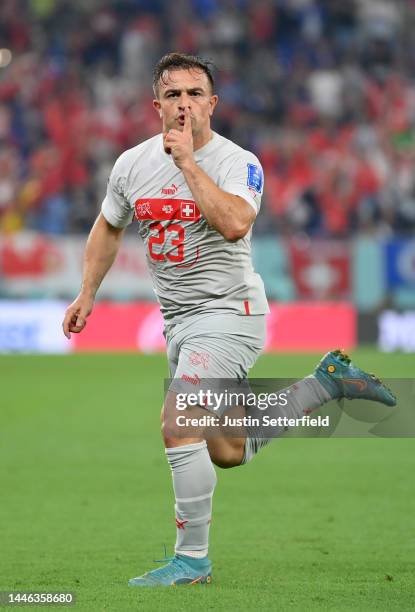 Xherdan Shaqiri of Switzerland celebrates after scoring the team’s first goal during the FIFA World Cup Qatar 2022 Group G match between Serbia and...