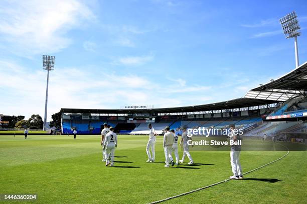 Tigers players take the field during the Sheffield Shield match between Tasmania and South Australia at Blundstone Arena, on December 03 in Hobart,...