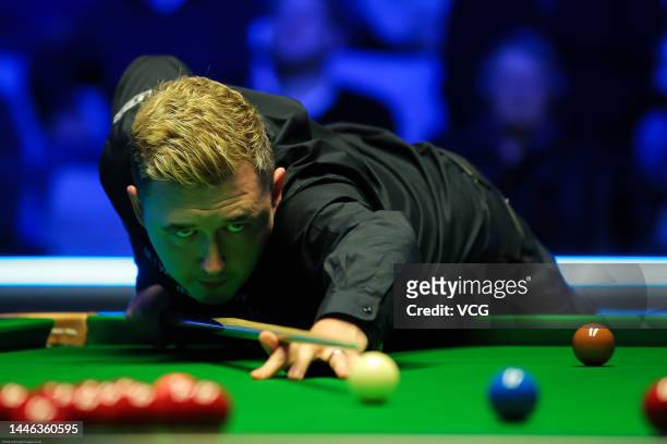Kyren Wilson of England plays a shot during the quarter-final match against Gary Wilson of England on day five of the 2022 BetVictor Scottish Open at...