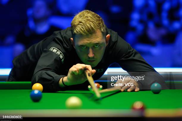 Kyren Wilson of England plays a shot during the quarter-final match against Gary Wilson of England on day five of the 2022 BetVictor Scottish Open at...