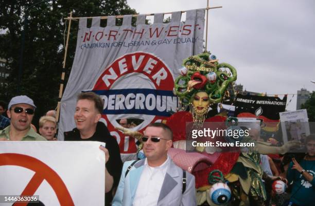 Presenter Graham Norton with singers Tom Robinson and Holly Johnson at the Lesbian, Gay, Bisexual, and Transgender Pride event, London, 4th July...