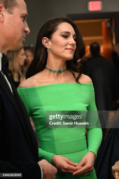 Prince William, Prince of Wales and Catherine, Princess of Wales are seen backstage after The Earthshot Prize 2022 at MGM Music Hall at Fenway on...