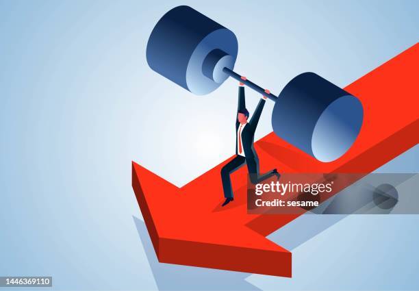 carrying heavy weights, shouldering heavy pressures and burdens, conquering adversity, isometric businessmen lifting weights and moving slowly on arrows - strong man lifting stock illustrations