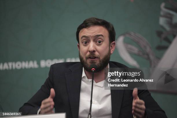 Agustín Laje speaks during the presentation of the book “La batalla Cultural” at the 'Guadalajara International Book Fair 2022 at Expo Guadalajara on...