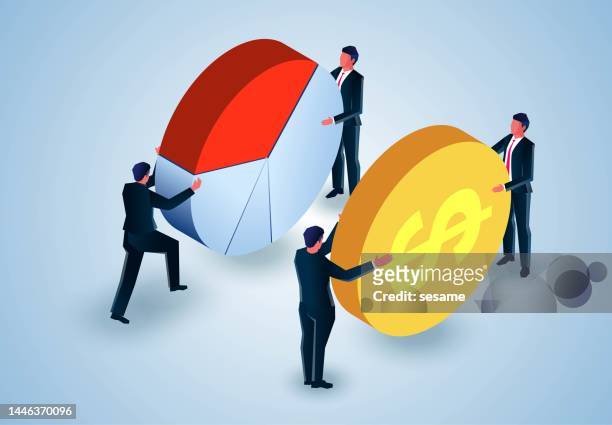 big return on small investment, marketing and market share, shareholders, investors or share holders invest and get a share from the pie chart - jackpot stock illustrations stock illustrations