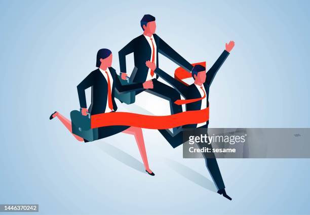 isometric three businessmen running sprint finish line, business or professional competition, the challenge is successful to get the first place - sprint finish stock illustrations