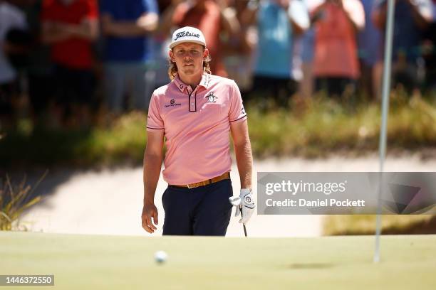 Cameron Smith of Australia plays a shot out of a bunker on his final hole during Day 3 of the 2022 ISPS HANDA Australian Open at Victoria Golf Club...