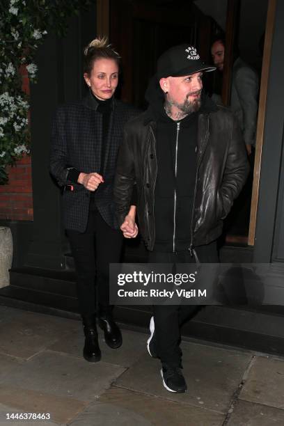 Cameron Diaz and Benji Madden ​seen on a night out at Sparrow Italia - Mayfair restaurant on December 02, 2022 in London, England. (Photo by Ricky...