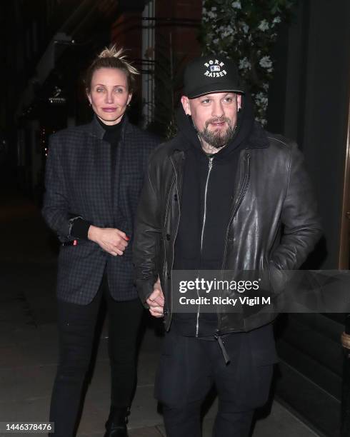 Cameron Diaz and Benji Madden ​seen on a night out at Sparrow Italia - Mayfair restaurant on December 02, 2022 in London, England.