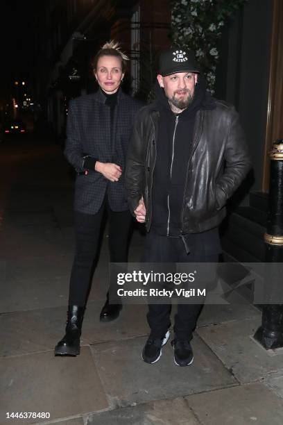 Cameron Diaz and Benji Madden ​seen on a night out at Sparrow Italia - Mayfair restaurant on December 02, 2022 in London, England.