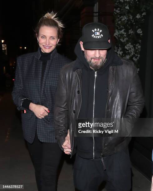 Cameron Diaz and Benji Madden ​seen on a night out at Sparrow Italia - Mayfair restaurant on December 02, 2022 in London, England.
