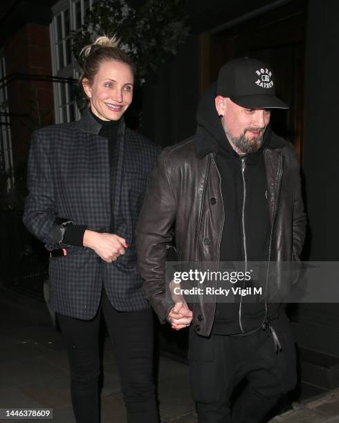 Cameron Diaz and Benji Madden ​seen on a night out at Sparrow Italia - Mayfair restaurant on December 02, 2022 in London, England. (Photo by Ricky...
