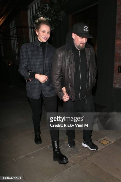 Cameron Diaz and Benji Madden ​seen on a night out at Sparrow Italia - Mayfair restaurant on December 02, 2022 in London, England. (Photo by Ricky...