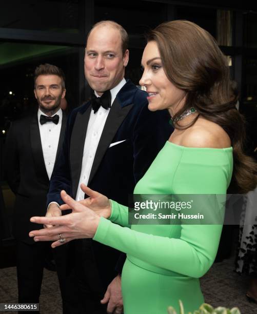 Prince William, Prince of Wales, Catherine, Princess of Wales and David Beckham speak backstage after The Earthshot Prize 2022 at MGM Music Hall at...