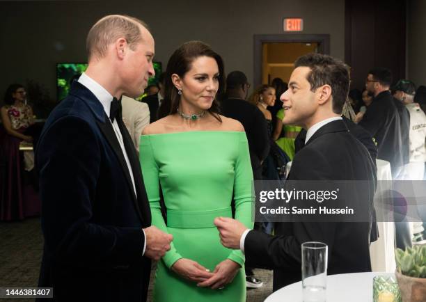 Prince William, Prince of Wales, Catherine, Princess of Wales and Rami Malek backstage after The Earthshot Prize 2022 at MGM Music Hall at Fenway on...
