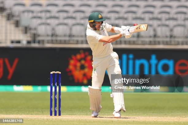 Marnus Labuschagne of Australia plays a pull shot during day four of the First Test match between Australia and the West Indies at Optus Stadium on...